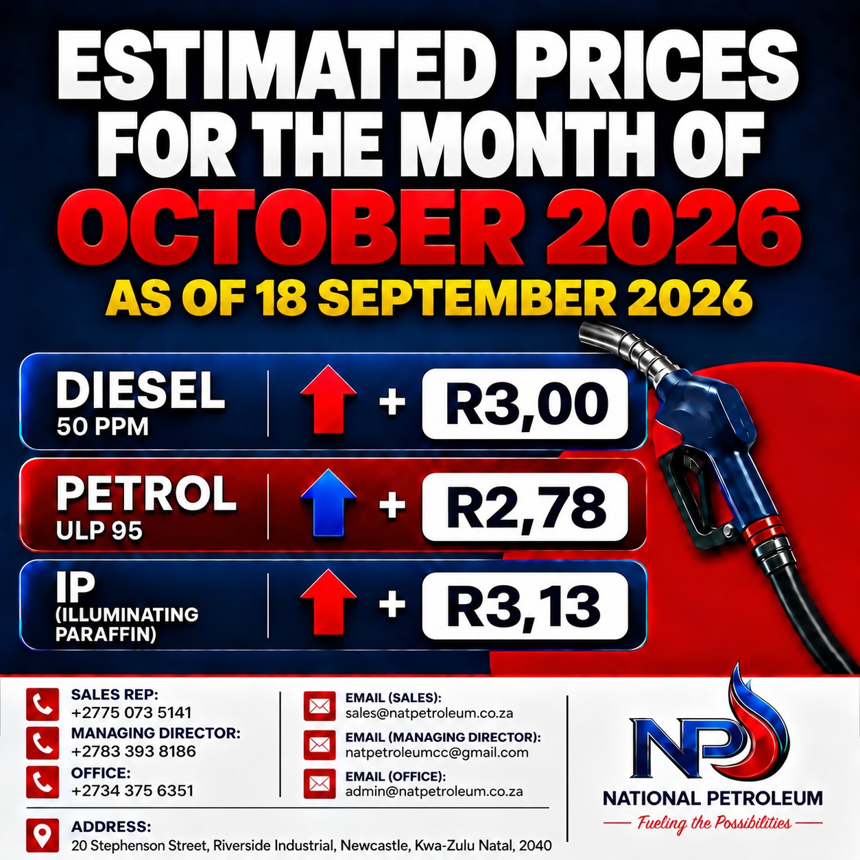 ALT TEXT: National Petroleum estimated October 2026 fuel price increases for Diesel 50ppm, ULP95 petrol and illuminating paraffin.